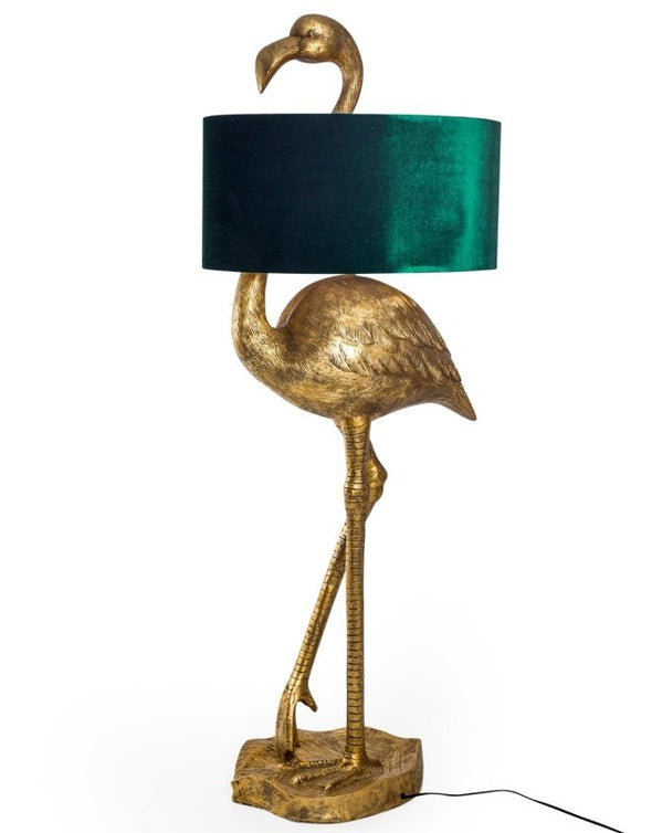 Antique Gold Flamingo Floor Lamp with Green Velvet Shade - EMPORIUM WORTHING