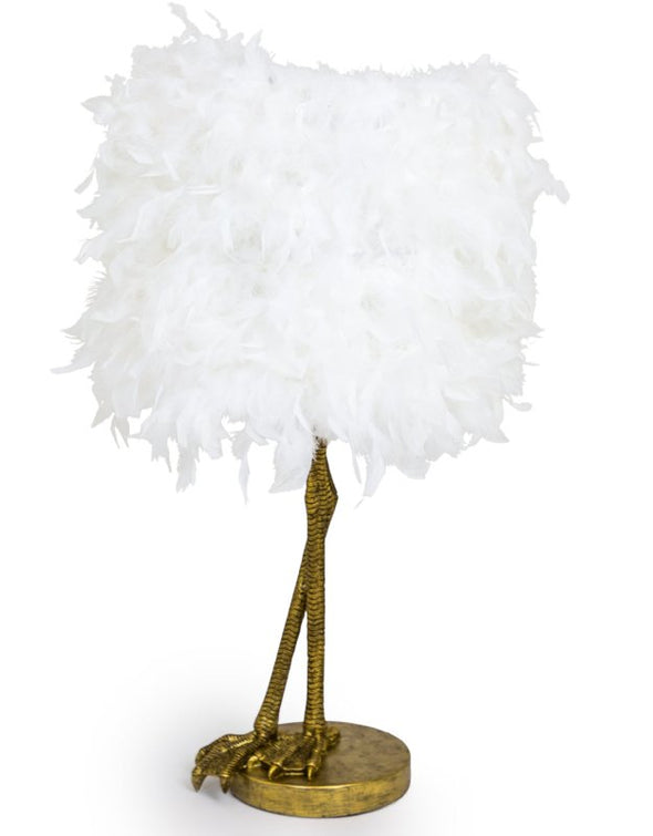 Antique Gold Large Bird Leg Table Lamp With White Feather Shade - EMPORIUM WORTHING