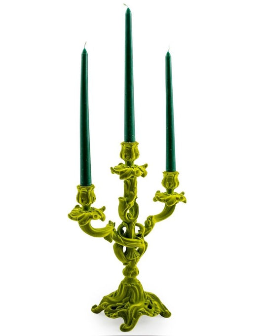 BRIGHT GREEN FLOCK ORNATE CANDELABRA - EMPORIUM WORTHING