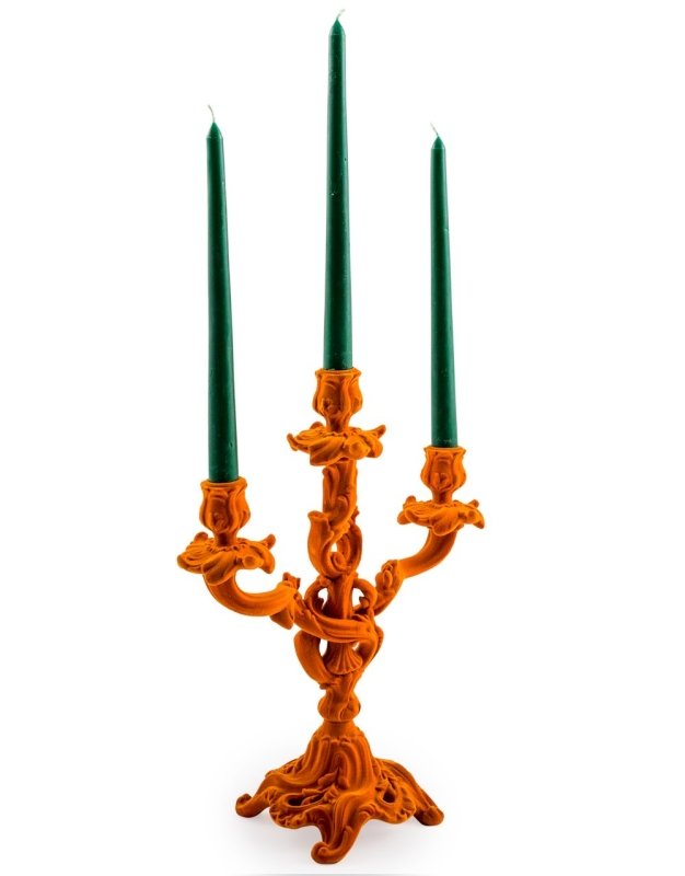 BRIGHT ORANGE FLOCK ORNATE CANDELABRA - EMPORIUM WORTHING