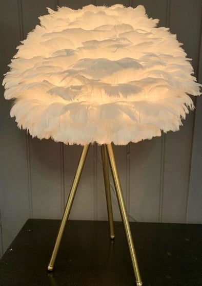 Brushed Brass Tripod Table Lamp with Feather Shade - EMPORIUM WORTHING
