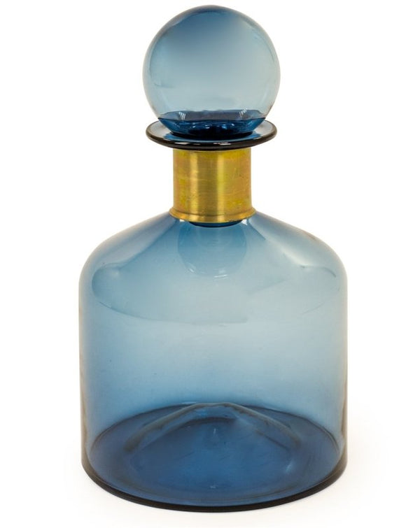 LARGE BLUE GLASS APOTHECARY BOTTLE WITH BRASS NECK - EMPORIUM WORTHING