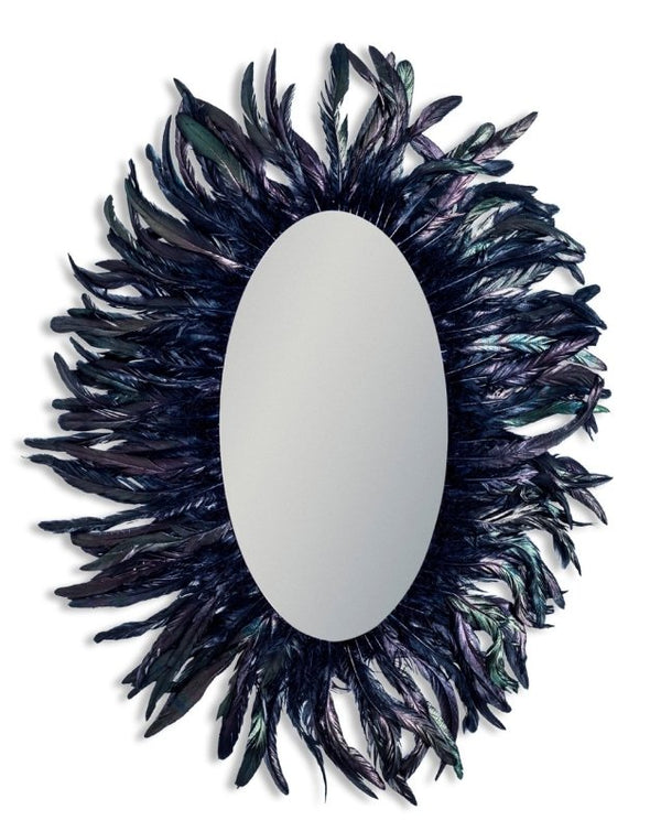 LARGE OVAL BLACK FEATHER FRAMED WALL MIRROR - EMPORIUM WORTHING