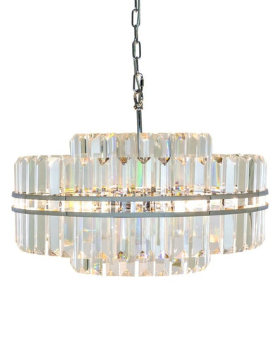 Large Round Chrome Prism Glass Drop Round Shaped Chandelier Ceiling Light - EMPORIUM WORTHING