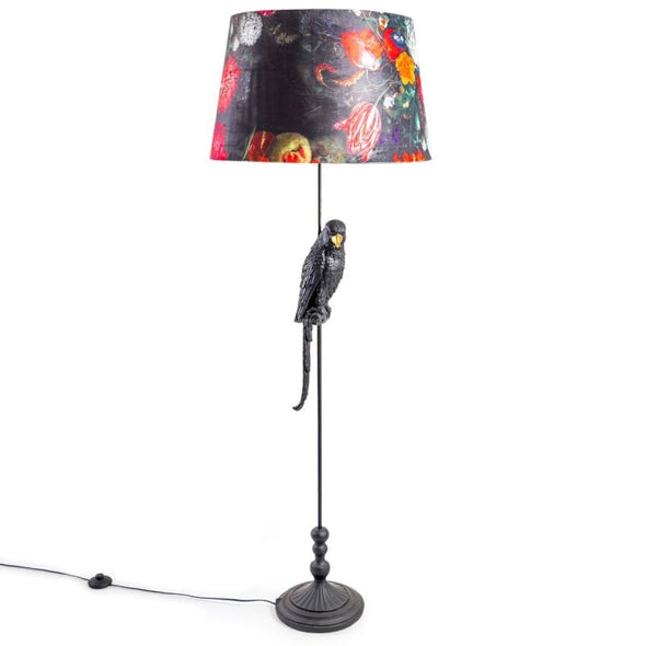 Matt Black Parrot Floor Lamp With Boho Floral Shade - EMPORIUM WORTHING