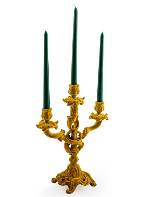 Mustard Yellow Flock Ornate Candleabra - EMPORIUM WORTHING