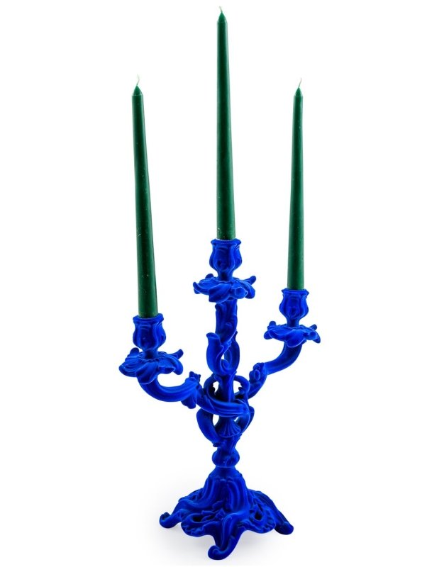 Ornate Flock Cobalt Blue Candelabra - EMPORIUM WORTHING