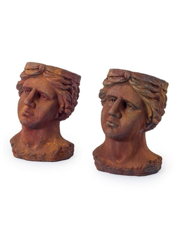 Set of 2 Antiqued Rusted Classical Head Planters - EMPORIUM WORTHING