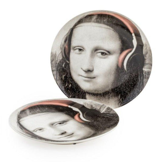 SET OF 2 BLACK AND WHITE MONA LISA FACE 10" CERAMIC PLATES - HEADPHONES - EMPORIUM WORTHING