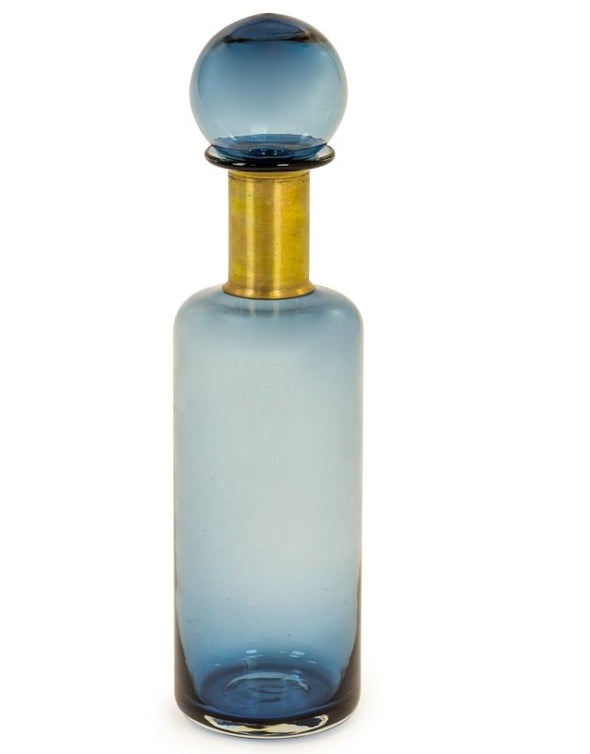 Slim Blue Glass Apothecary Bottle with Brass Neck - EMPORIUM WORTHING