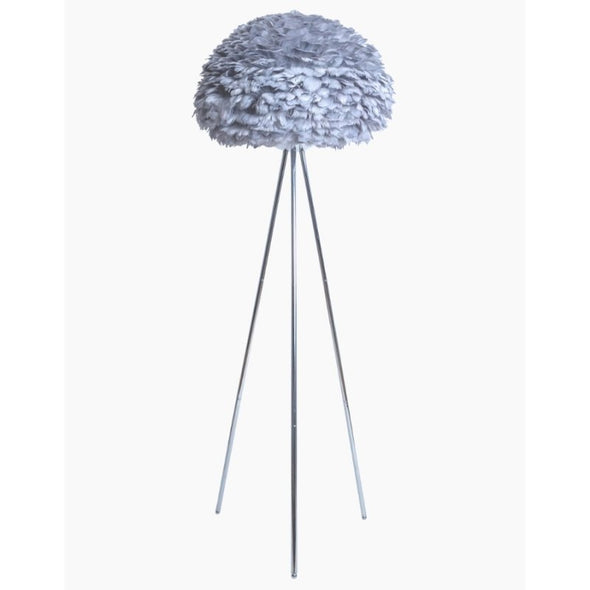 Stunning Tripod Chrome Floor Lamp with Full Feather Lampshade in Grey - EMPORIUM WORTHING