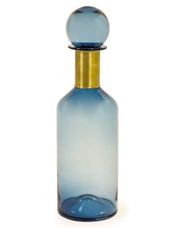 TALL BLUE GLASS APOTHECARY BOTTLE WITH BRASS NECK - EMPORIUM WORTHING