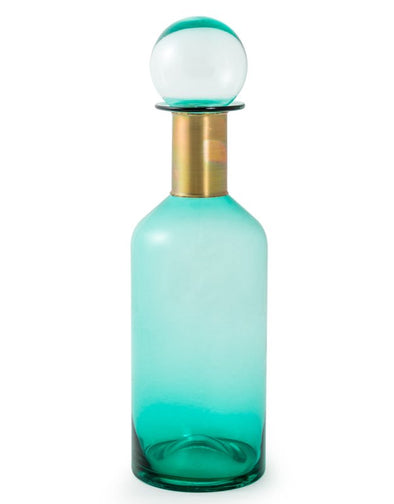 Tall Teal Glass Apothecary Bottle with Brass Neck - EMPORIUM WORTHING