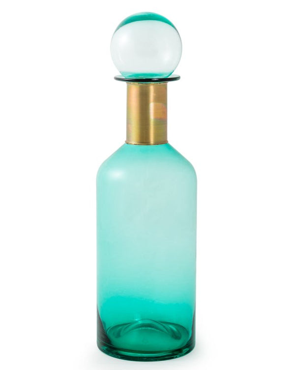Tall Teal Glass Apothecary Bottle with Brass Neck - EMPORIUM WORTHING